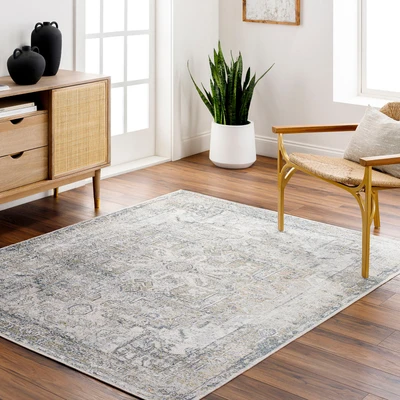 Abbildung von Surya Livabliss Lusail waschbar in der Waschmaschine Vintage Groß für Wohnzimmer 160x213 cm, Schlafzimmer, Küche Orientalischer Boho e, Grau, Elfenbein, Blau