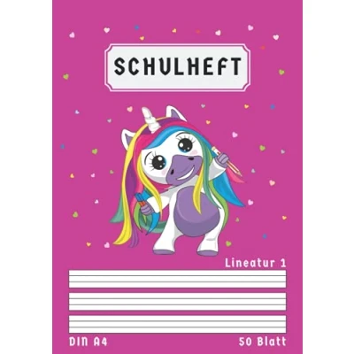 Abbildung von Schulheft Lineatur 1 A4: Liniert 50 Blatt Klasse Schreibheft Din A4 mit Kontrastlineatur Rosa Einhorn