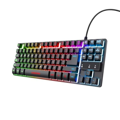 Abbildung von Trust Gaming GXT 833 Thado Tastatur, italienisches Layout QWERTY, kompaktes Design TKL (20% klein), aus Metall mit LED Beleuchtung, Anti Ghosting, USB Plug &amp; Play, PC/Computer, Schwarz