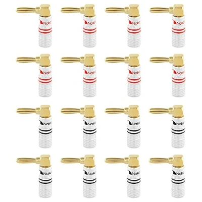 Abbildung von Nakamichi 24K vergoldeter Bananenstecker 12 18 AWG Gauge Größe 4mm für Lautsprecher Verstärker Hi Fi AV Receiver Stereo Heimkino Audiokabel Stecker (16 Stück (8 Paar), Rechtwinkliger Stecker)
