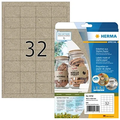 Abbildung von HERMA 10752 Universal Etiketten aus Graspapier, 20 Blatt, 48,3 x 33,8 mm, 32 pro A4 Bogen, 640 Stück, selbstklebend, bedruckbar, matt, blanko Silphie Papier Klebeetiketten Aufkleber, natur braun