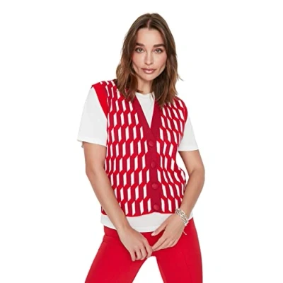 Abbildung von TRENDYOL Damen V neck, Chequered Regular Knitted Vest Sweater, Fuchsia, M EU