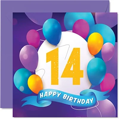 Abbildung von Geburtstagskarte zum 14. Geburtstag für Jungen und Mädchen Ballon Party Happy Birthday Cards 14 Jahre alte Teenager, Jungen, Mädchen, Bruder, Schwester, Sohn, Tochter, Enkelin, 145 mm x