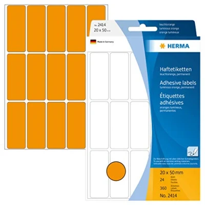 Abbildung von HERMA 2414 Vielzweck Etiketten, 360 Stück, 20 x 50 mm, 15 pro Bogen, selbstklebend, Haushaltsetiketten zum Beschriften, matt, blanko Papier Klebeetiketten Aufkleber, leucht orange