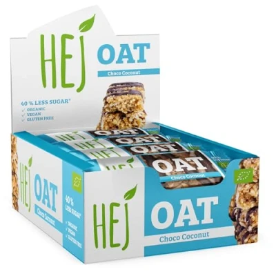 Abbildung von HEJ Oat Choco Coconut veganer, schokoladiger Müsliriegel mit Nussmus &amp; gesüßt Reissirup, Dattelpaste Haferriegel Snack 40% weniger Zucker, glutenfrei, bio 12 Hafer x 45 g