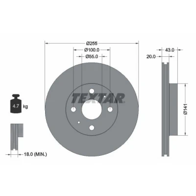 Abbildung von TEXTAR PRO 92115603 Bremsscheibe 255 20 04/06 100 innenbelüftet beschichtet ohne Radbefestigungsbolzen, Radnabe TOYOTA: Yaris I Hatchback