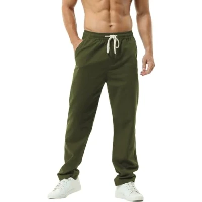 Abbildung von HOEREV Men Casual Strandhosen Leinen Hose Gr. XXXL (Taille 45 47 zoll), Grün