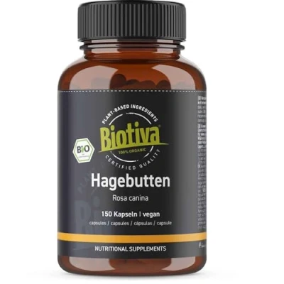 Abbildung von Hagebuttenkapseln Bio 150 Kapseln 650mg Hagebutten aus Europa ohne Zusätze Hagebutte Höchste Reinheit Abgefüllt und kontrolliert in Deutschland Biotiva