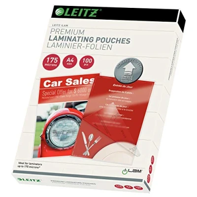 Abbildung von Leitz Heißlaminierfolien A4 175 mic, Laminierfolien in Premium Qualität im 100er Pack, Glänzend, Transparent, Vereinfachtes Einlegen durch UDT, iLAM, 74830000