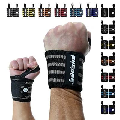 Abbildung von Encore Grips® Handgelenk Bandagen für Bodybuilding, Kraftsport, Crossfit, krafttraining Bandage, Handgelenkbandage Fitness, Handgelenkstütze, Handgelenkschoner, Wrist Wraps (Schwarz Grau V2)