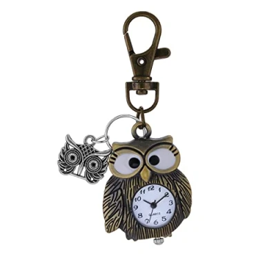 Abbildung von JewelryWe Eule Uhr mit Karabiner Schlüsselanhänger: Herren Damen Karabineruhr Vintage Bronze Niedliche Analog Quarz Taschenuhr Weiß Rundem Digital Zifferblatt