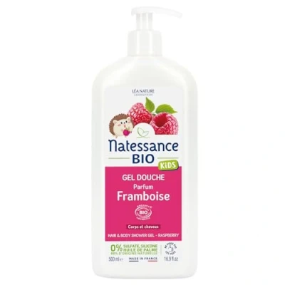 Abbildung von Natessance Duschgel für Körper und Haare Kids Himbeere zertifiziert Bio Cosmos Organic Flasche 100% pflanzlich 500 ml