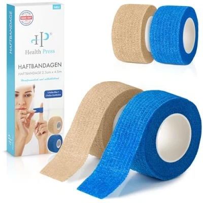 Abbildung von Fingerpflaster Selbsthaftend 4x Pflaster Rolle Blau + Hautfarben (2,5cm x 4,5m) Verband Selbstklebend Elastisches Tape wasserfest Staub , Fett und Schmutzabweisendes Pflasterband