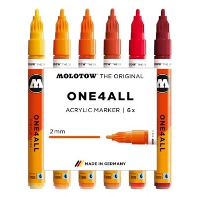 Abbildung von Molotow One4All 127HS Acryl Marker Hot Set (2,0 mm Strichstärke, hochdeckend und permanent, schnell trocknend, nachfüllbar, für fast alle Untergründe) 6 Stück sortiert