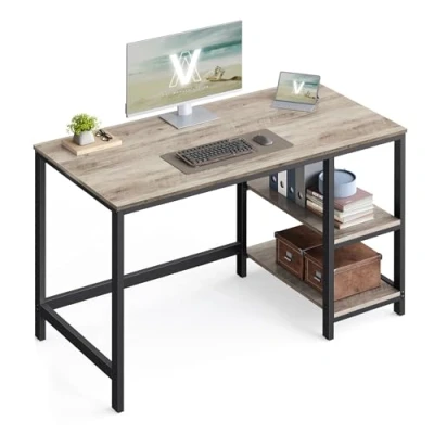 Abbildung von VASAGLE Schreibtisch, Computertisch, PC Tisch, Bürotisch, mit 2 Ablagen auf der rechten oder linken Seite, fürs Büro, Wohnzimmer, Stahlgestell, Industrie Design, greige schwarz LWD47MB