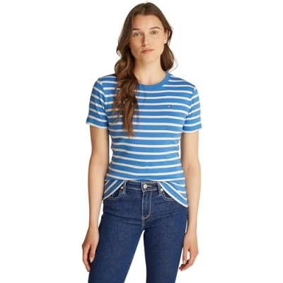 Abbildung von Tommy Hilfiger Damen New Slim Cody C NK SS WW0WW40587 S/S Strickoberteile, Blue (Fine STP Spell/Ivory Petal), L