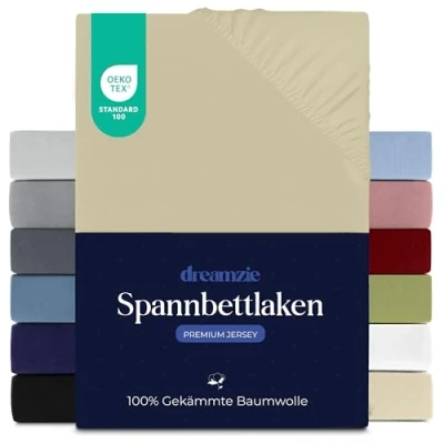 Abbildung von Dreamzie Premium Spannbettlaken 80x200 cm, Spannbetttuch für Dicke Matratzen bis zu 12 Bettlaken 100% Jersey Baumwolle, 150 g/m², Oeko TEX Zertifiziert Beige
