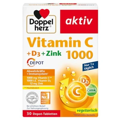 Abbildung von Doppelherz Vitamin C 1000 + D3 Zink Hochdosiert mit C, und zur Unterstützung einer normalen Funktion des Immunsystems 30 DEPOT Tabletten