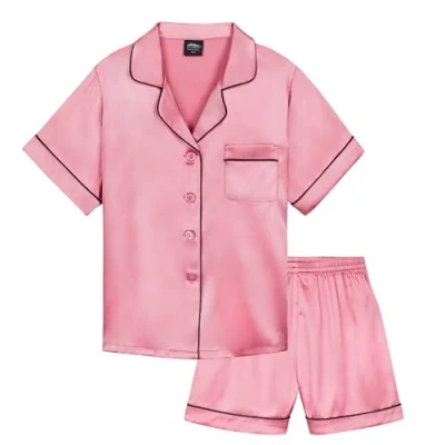 Abbildung von CityComfort Silk Pyjama Set für Mädchen, Kurze Schlafanzughose &amp; Kurzärmliges Oberteil mit Kragen Knopfleiste Geschenke Mädchen (Altrosa, 14 15 Jahre)