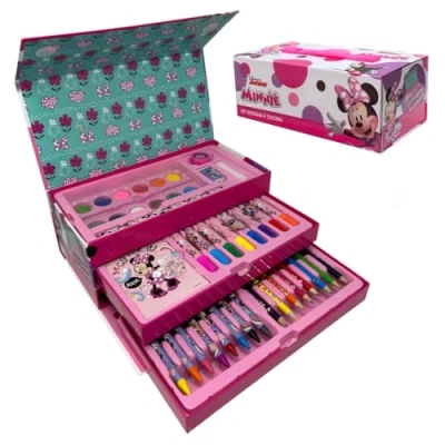 Abbildung von Koffer mit Farben für Kinder Minnie Disney Set 52 Stück und Schreibwaren Box Schubladen Zeichen Malset