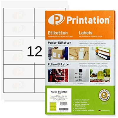 Abbildung von Printation 97 x 42,3 mm Universal Adressetiketten Briefversand blanko weiß 1200 Etiketten selbstklebend bedruckbar auf 100 DIN A4 Bogen 2x6 12 pro Blatt Adressaufkleber 4623 5056 LA140 3659 4781