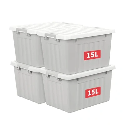 Abbildung von Cetomo,15L,4er Pack, Aufbewahrungsbox mit deckel,Aufbewahrungsboxen, Clips, stapelbar, Wohnzimmer, Schlafzimmer.lebensmittelecht ,Verschlussclips,Neumaterial Plastik Box grau