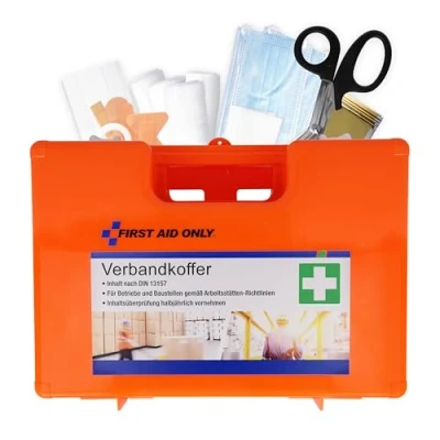 Abbildung von First Aid Only Erste Hilfe Koffer DIN 13157 mit Wandhalterung Verbandskasten für Betriebe und Haushalte gefüllt nach 13157:2021 Tragegriff, Montagematerial 90 Arretierung P 10016