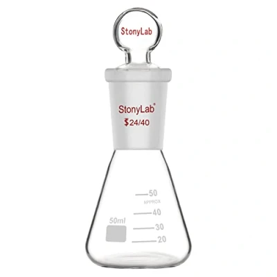 Abbildung von stonylab Glas Erlenmeyer Flasche mit Stopper, 50 ml Borosilikatglas Schwere Mauer Kolben 24/40 Standard Kegel Außenfuge und Glasstopper