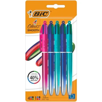Abbildung von BIC 4 Colours Smooth Druckkugelschreiber mit mittlerer Spitze (1,00 mm) blau, blaugrün und pink schillernden Schäften verschiedene Tintenfarben, Packung à 5