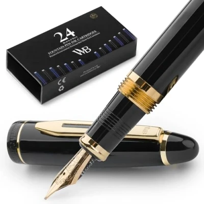 Abbildung von Wordsworth &amp; Black Majesti Füllfederhalter Set, mittlere Spitze, inkl. 6 Tintenpatronen, Nachfüllkonverter, Geschenkset, Journalisierung, Kalligraphie (Schwarzgold)