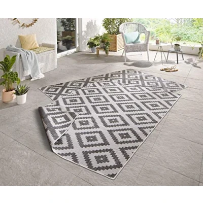 Abbildung von NORTHRUGS Outdoor Teppich Malta Wendeteppich Wetterfest Modernes Geometrisches Muster Läufer für Balkon Terrasse Garten Wintergarten Wohnzimmerteppich Wasserfest, Polypropylen, Grau,Creme, 80x150cm