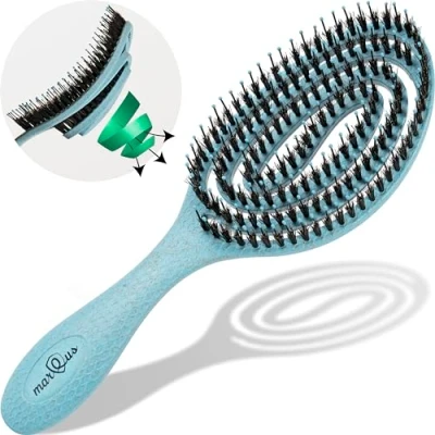 Abbildung von Bio Haarbürste ohne Ziepen mit Wildschweinborsten Entwirrbürste einzigartiger Spirale, nachhaltiges Material perfekt für nasse&amp;trockene Haare, mehr Glanz, Volumen &amp; gesunde Haarpflege, Blau