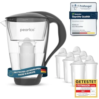 Abbildung von GLAS Wasserfilter PearlCo (anthrazit) mit 6 Classic Filterkartuschen Reduzierung von Kalk, Chlor, Blei &amp; Kupfer Glaskanne kompatibel zu Brita Made in EU