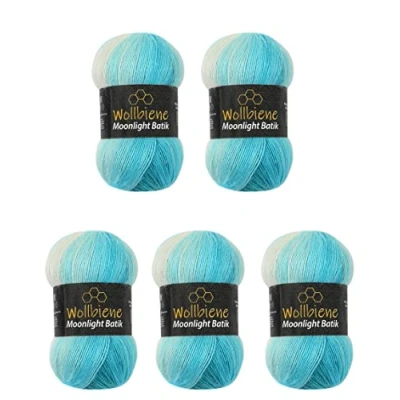 Abbildung von Wollbiene Moonlight Batik 5 x 100g Strickwolle 500 Gramm Wolle zum Stricken und Häkeln 20% türkische Farbverlaufswolle (5200 petrol türkis weiß)