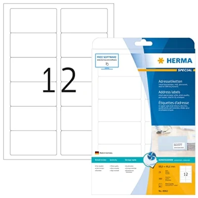 Abbildung von HERMA 8842 Adressetiketten für Inkjet Drucker, 25 Blatt, 88,9 x 46,6 mm, 12 pro A4 Bogen, 300 Stück, selbstklebend, bedruckbar, matt, blanko Adressaufkleber Etiketten Tintenstrahldrucker, weiß