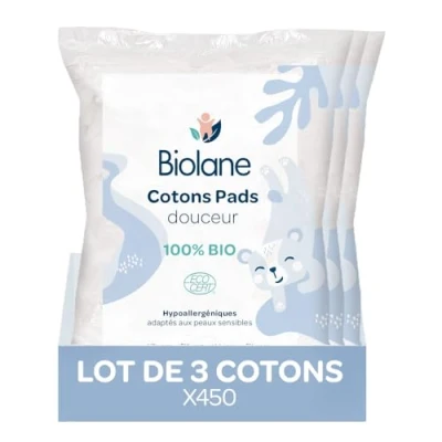 Abbildung von BIOLANE Set mit 3 weichen Wattepads Baby 100% Bio 150 Baumwolle für empfindliche Haut Change &amp; Toilette ab der Geburt hergestellt in Frankreich
