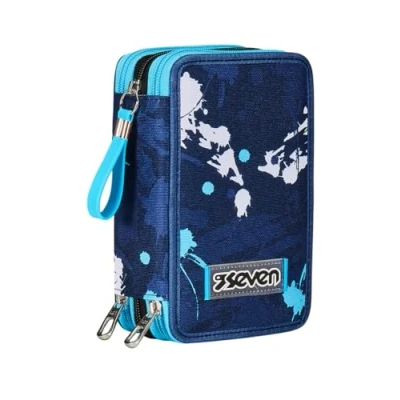 Abbildung von Seven Federmäppchen mit 3 Fächern, blau, Fächer, komplett Bleistiften, Filzstiften, Farben, Zubehör Rucksack, Grundschule, Mittel, Ober, Kinder und Jungen, Taglia Unica, schulisch