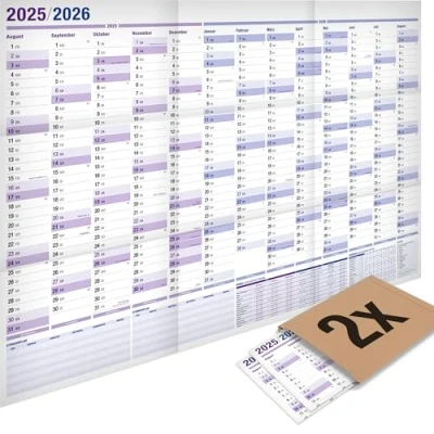 Abbildung von 2er Pack: Yohmoe® XXL Wandkalender 2025 2026 im Format 98x68 cm, gefalzt. Ideal als Jahresplaner 2025/26 oder Schuljahreskalender 2025/2026 Wand