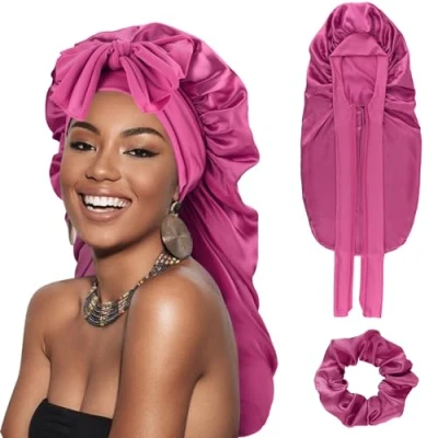 Abbildung von DRESHOW Lange Satin Zopfhaube für Damen Seidenhaube zum Schlafen Schlafmütze mit Elastischem Band Nachtmütze Lockiges Haar Locs