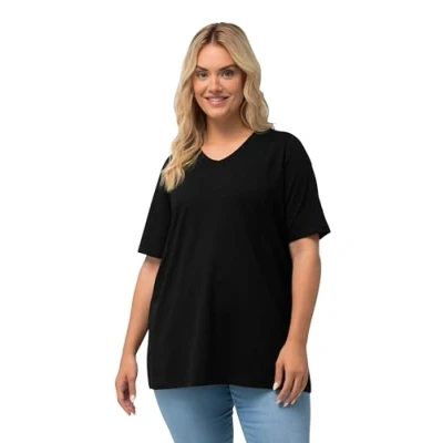 Abbildung von Ulla Popken Damen T shirt, A linie, V ausschnitt, Halbarm, Schwarz, 62 64 EU