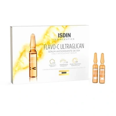 Abbildung von ISDIN Isdinceutics Flavo C Ultraglican antioxidatives Tagespflege Serum (10 Einzelampullen) Schützt die Haut vor Schäden durch freie Radikale