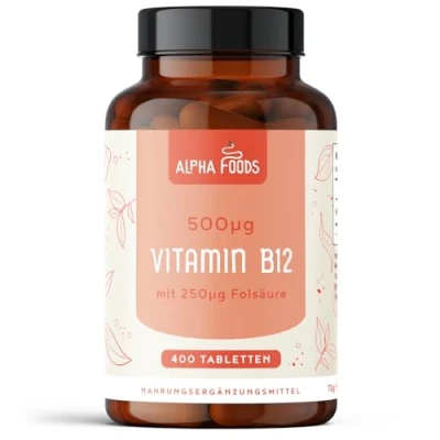 Abbildung von Vitamin B12 Hochdosiert 400 vegane Tabletten für 1+ Jahr Versorgung 500µg Vit und 250µg Folsäure pro Tagesdosis &amp; ohne Zusatzstoffe Alpha Foods