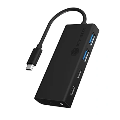 Abbildung von Icy Box USB Hub mit C Stecker und Power Delivery, 3.0, integriertes Kabel, aluminium, PD 60 Watt, schwarz