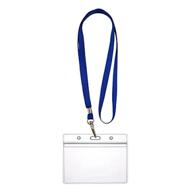 Abbildung von WEBBOMB Ausweishülle ZIP Kartenhalter flexibel horizontal wasserdicht für 1 2 Ausweise und Karten Namensschilder ID Card Schutzhülle 0,80mm transparent + 360 Umhängeband Lanyard BLAU