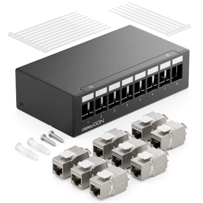 Abbildung von deleyCON 8 Port CAT7 Patchpanel Set mit 8x CAT.7 RJ45 Keystone Jack Modul STP 10 Gbit/s Verteilerfeld Kompatibel Verlegekabel CAT6 CAT6a CAT8 Ethernet LAN DSL Netzwerkkabel Schwarz