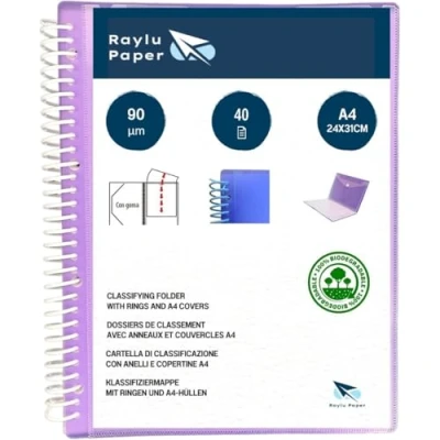 Abbildung von RAYLU PAPER Sortiermappe mit Ringen A4 Klarsichthüllen 90 Mikron und Umschlag Klettverschluss, personalisierbarer Deckel, 100% biologisch abbaubar (40 Hüllen, Violett)