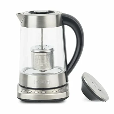 Abbildung von H.Koenig TI700 Teekanne Instant T Elektrischer Glas Wasserkocher 1.7L mit Infusor Edelstahl Teefilter 2400W Kompakt, Schnellkochtopf, Regulierbarer Thermostat 70 bis 100C , Warmhalten, 2 Deckel