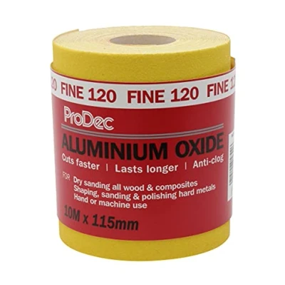 Abbildung von ProDec 10 m Rolle, feine, gelbes Aluminiumoxid Schleifpapier mit Körnung 120 zum Schleifen von Holz, Farbe, Putz, Spachtelmasse, Metall &amp; mehr; Schleifpapier, kompatibel Maschinenschleifern
