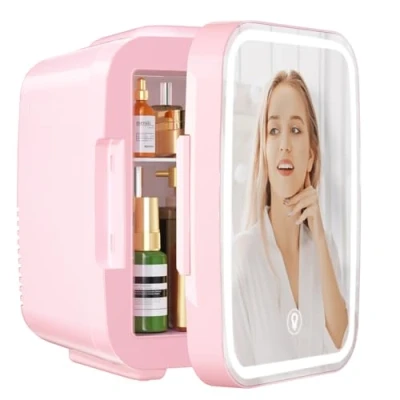 Abbildung von YASHE Mini Kühlschrank für Schlafzimmer, Skincare mit LED Spiegel, kleiner Kühlschrank, 4 l, tragbar, Thermoelektrisch, Heizung &amp; Kühler, 220 V AC/12 DC, Auto, Büro, Schlafsaal (Rosa)