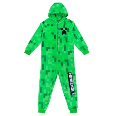 Abbildung von Minecraft Onesie Creeper Fleece Jumpsuit Sleepsuit Gamer Geschenk Schlafoverall mit Kapuze für Jungen (DE/NL/SE/PL, Numerisch, 140, Regular, Grün)